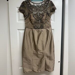 Adrianna Papell Beaded Mini Dress in Tan